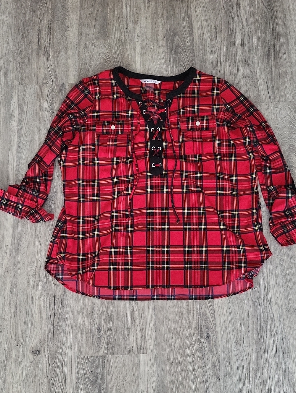 Peter Nygard Red and Black Plaid Lace-Up Top Large